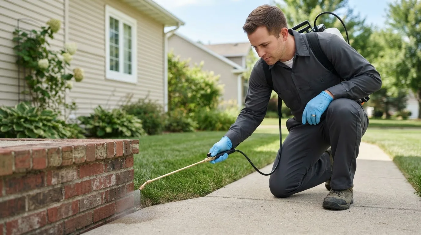 Pest control technician treating a home near Killington, VT
